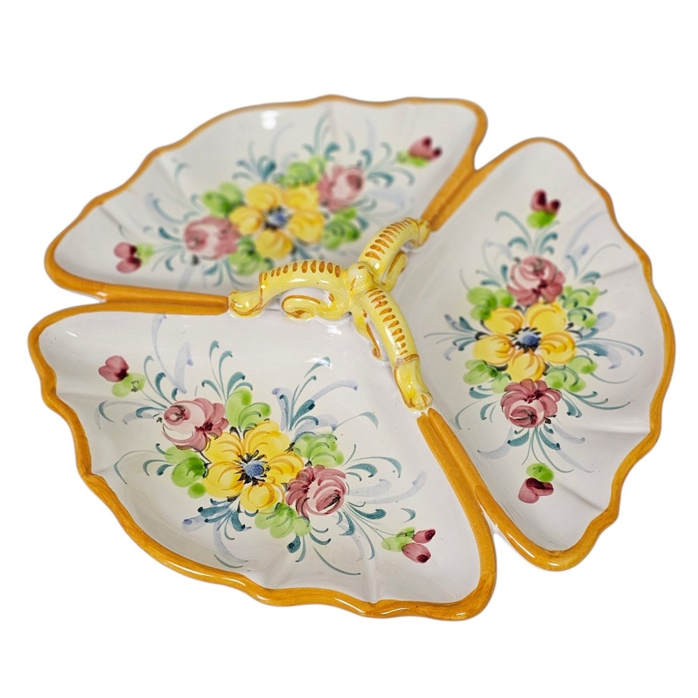 Italian Segmented Floral Condiment Serving Tray Handle Flowers Divided Italy‎